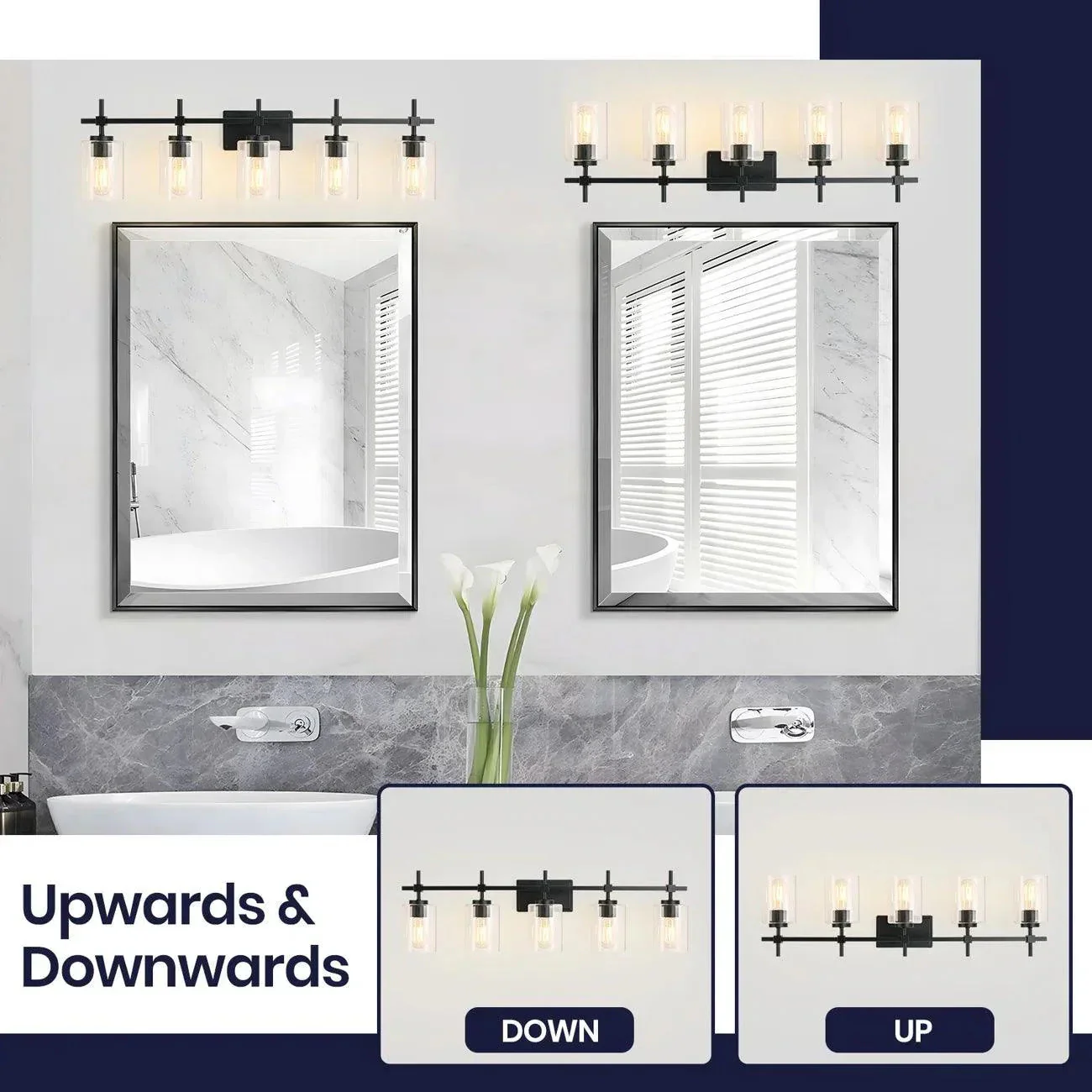 Jasper Modern Brushed Nickel & Black Clear Glass 5-Light Bathroom Linear Vanity Light - Image 11