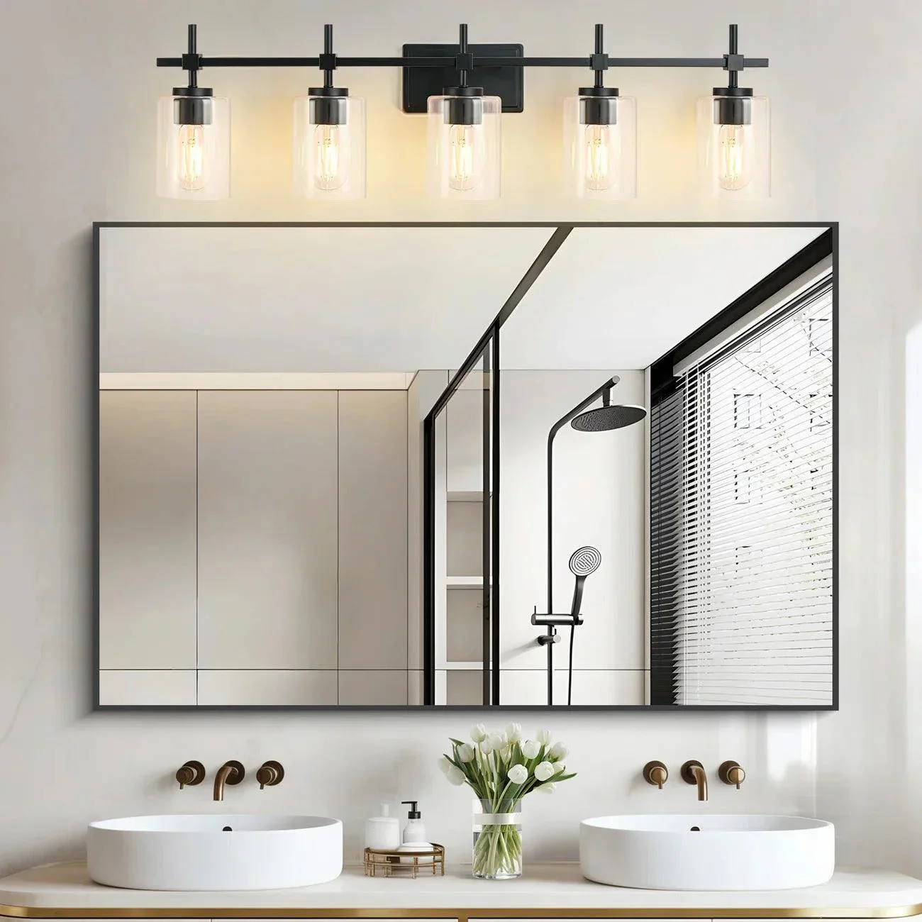 Jasper Modern Brushed Nickel & Black Clear Glass 5-Light Bathroom Linear Vanity Light - Image 14