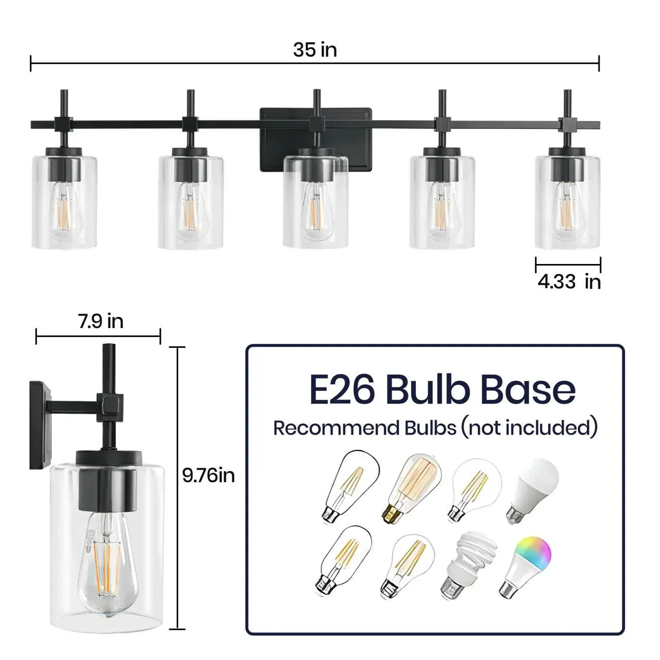 Jasper Modern Brushed Nickel & Black Clear Glass 5-Light Bathroom Linear Vanity Light - Image 15
