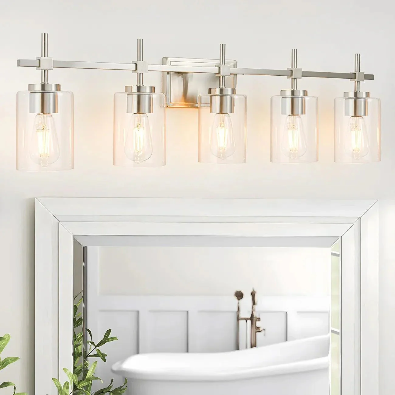Jasper Modern Brushed Nickel & Black Clear Glass 5-Light Bathroom Linear Vanity Light - Image 2