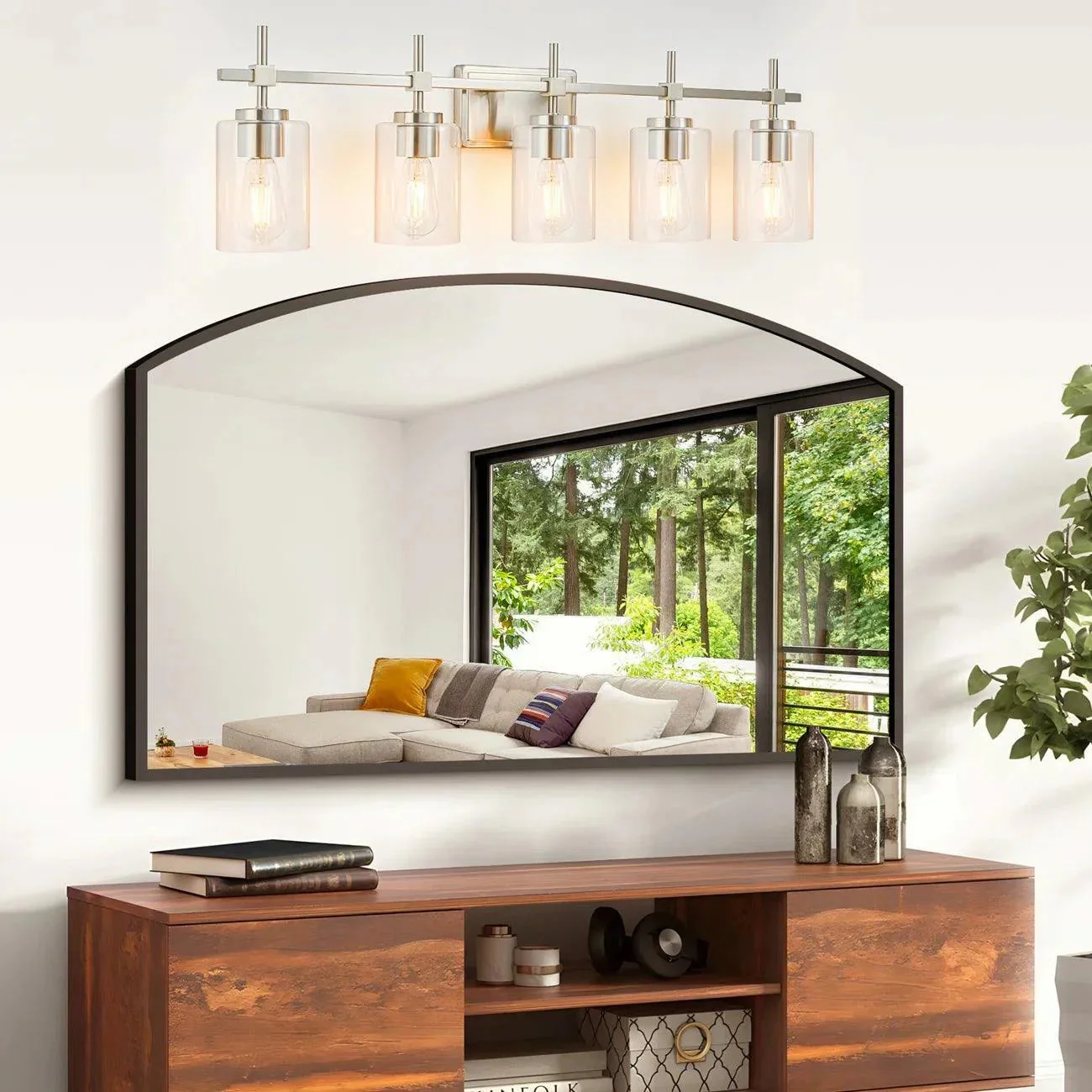 Jasper Modern Brushed Nickel & Black Clear Glass 5-Light Bathroom Linear Vanity Light - Image 7