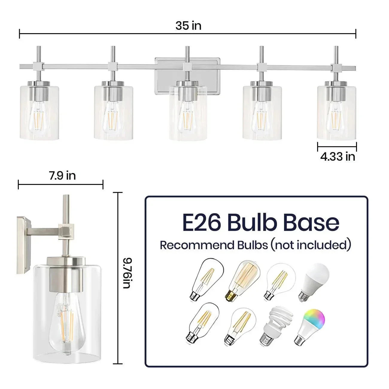 Jasper Modern Brushed Nickel & Black Clear Glass 5-Light Bathroom Linear Vanity Light - Image 8