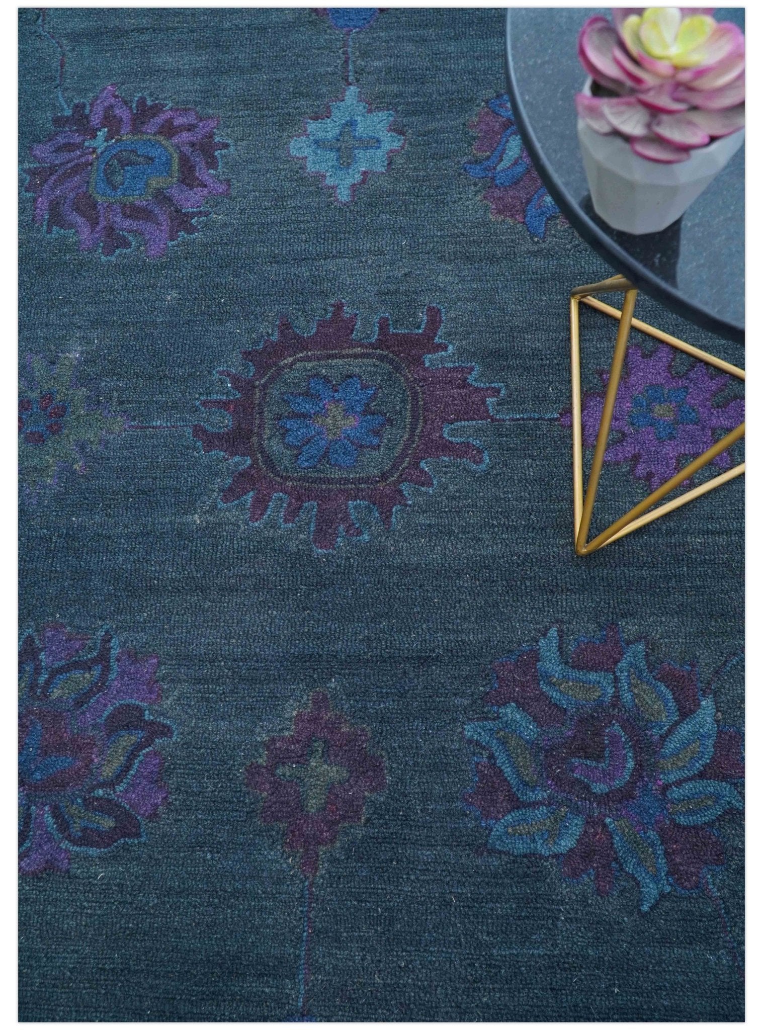 Jewel Custom Made Traditional Overdyed Blue Hand Tufted Wool Rug - Image 3