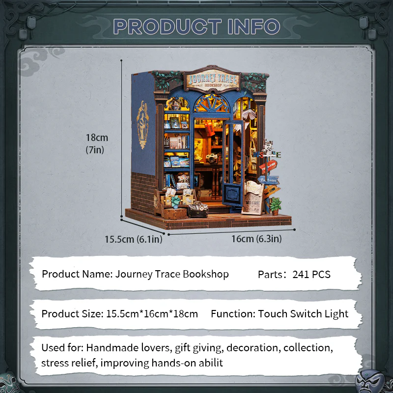Journey Trace Bookshop Dollhouse Kit - Miniature Wizardi Roombox Kit with LED Light F07M51-89-CWGC204 - Image 6