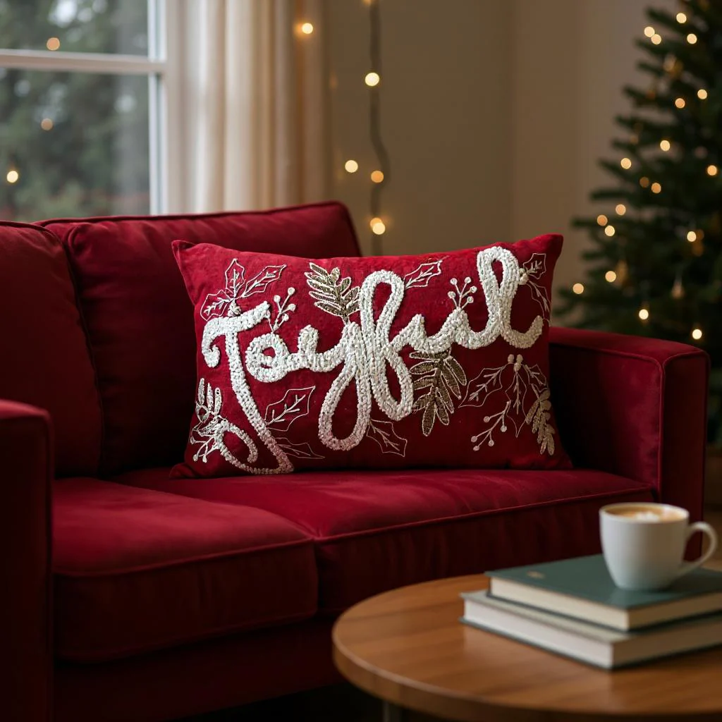 Joyful Gold and Red Embroidered Christmas Themed Pillow - Image 2