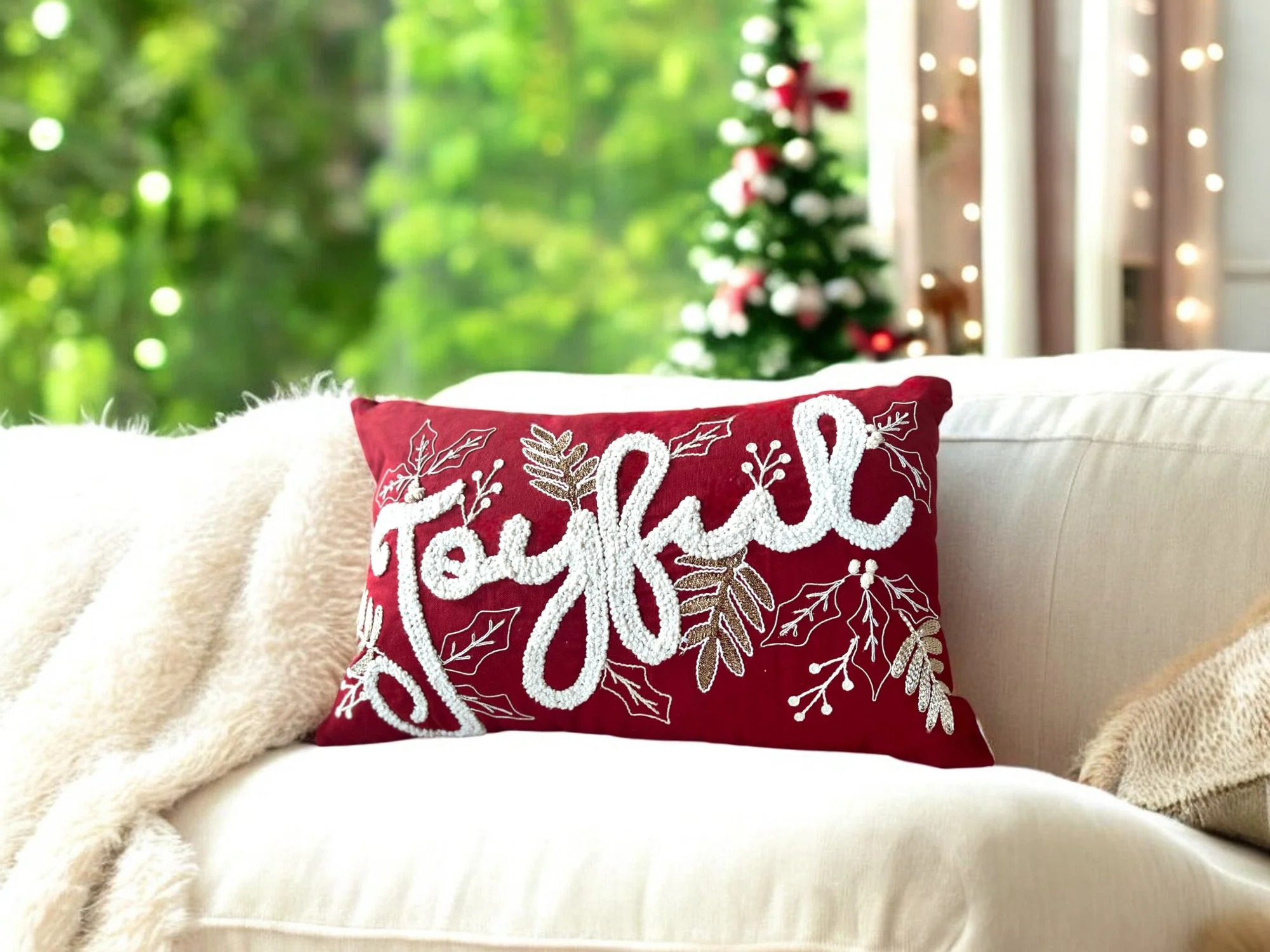 Joyful Gold and Red Embroidered Christmas Themed Pillow - Image 3