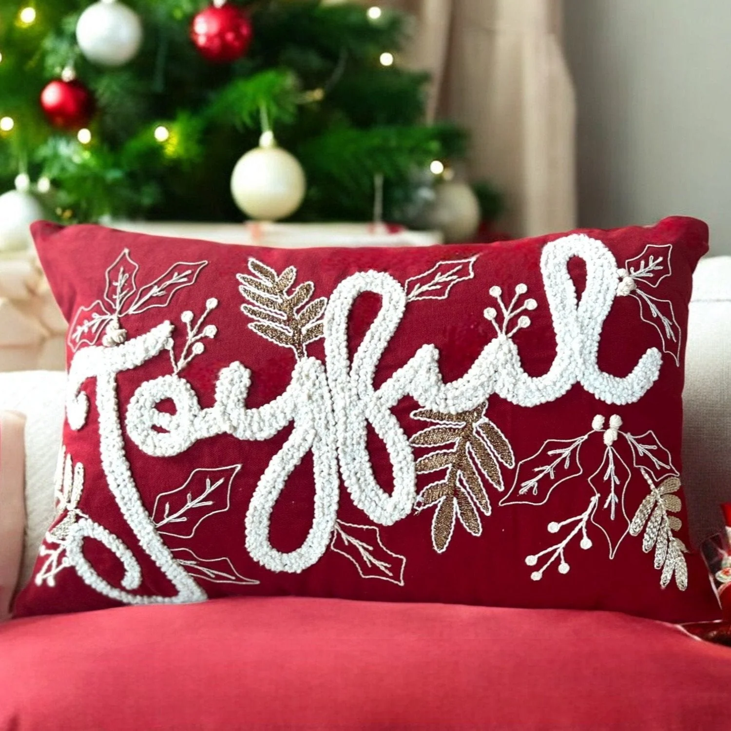 Joyful Gold and Red Embroidered Christmas Themed Pillow - Image 4