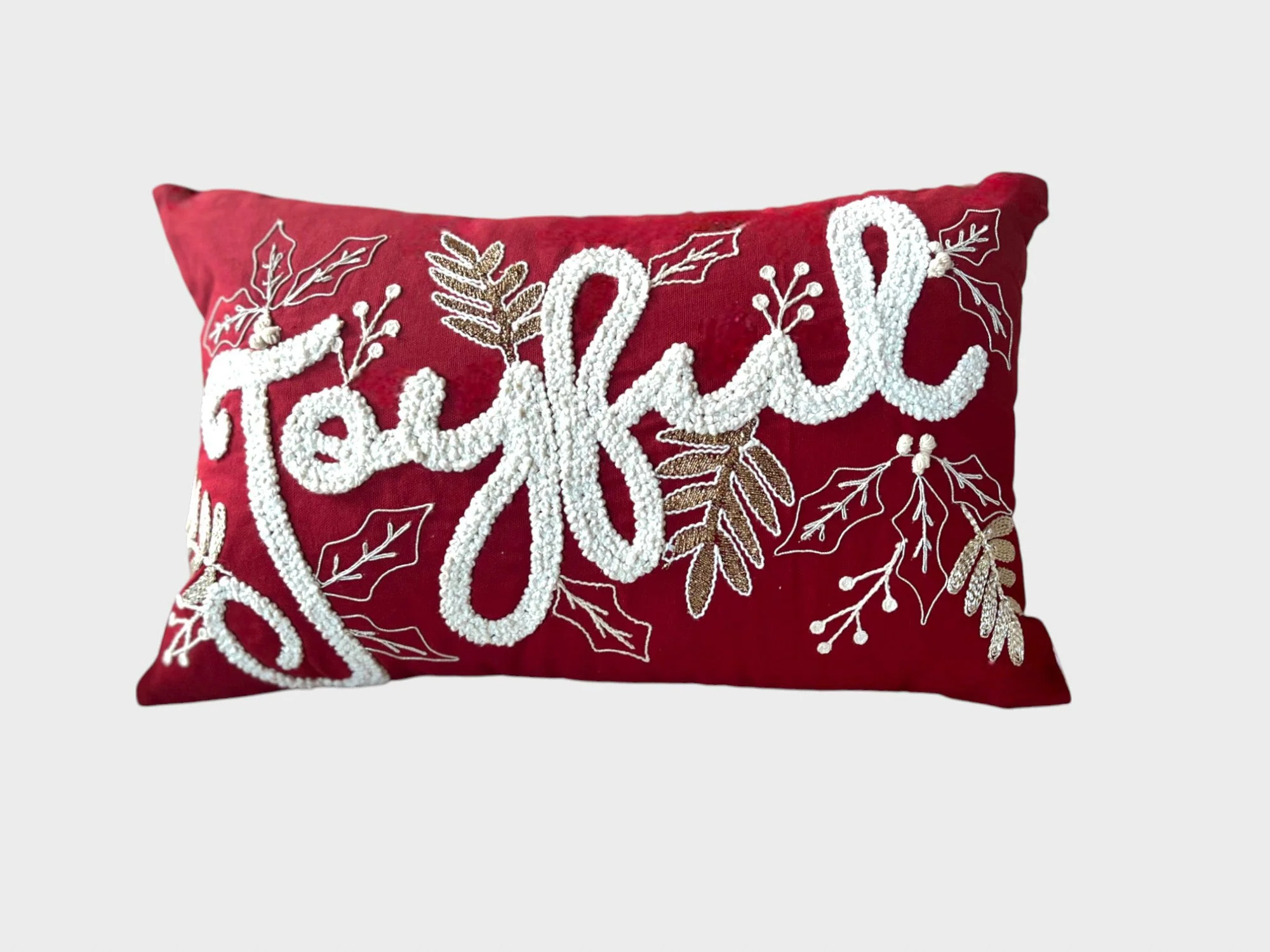 Joyful Gold and Red Embroidered Christmas Themed Pillow - Image 5
