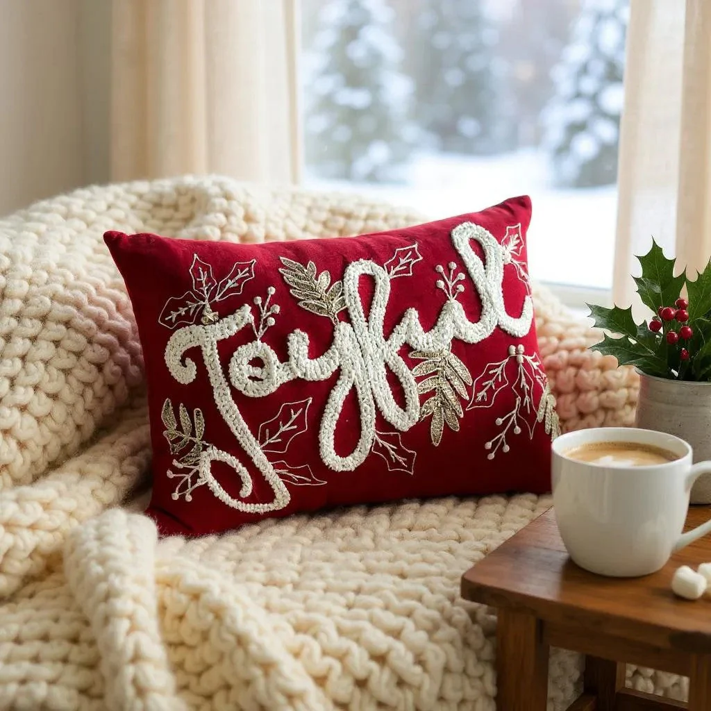 Joyful Gold and Red Embroidered Christmas Themed Pillow - Image 7