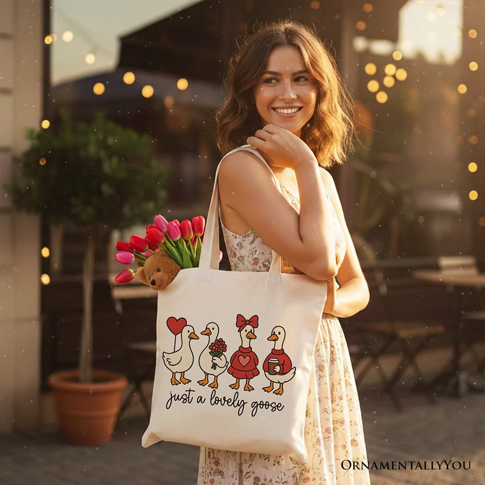Just a Lovely Goose Valentine Canvas Tote Bag, Coquette Cute Love Printed Gift Bag - Image 10