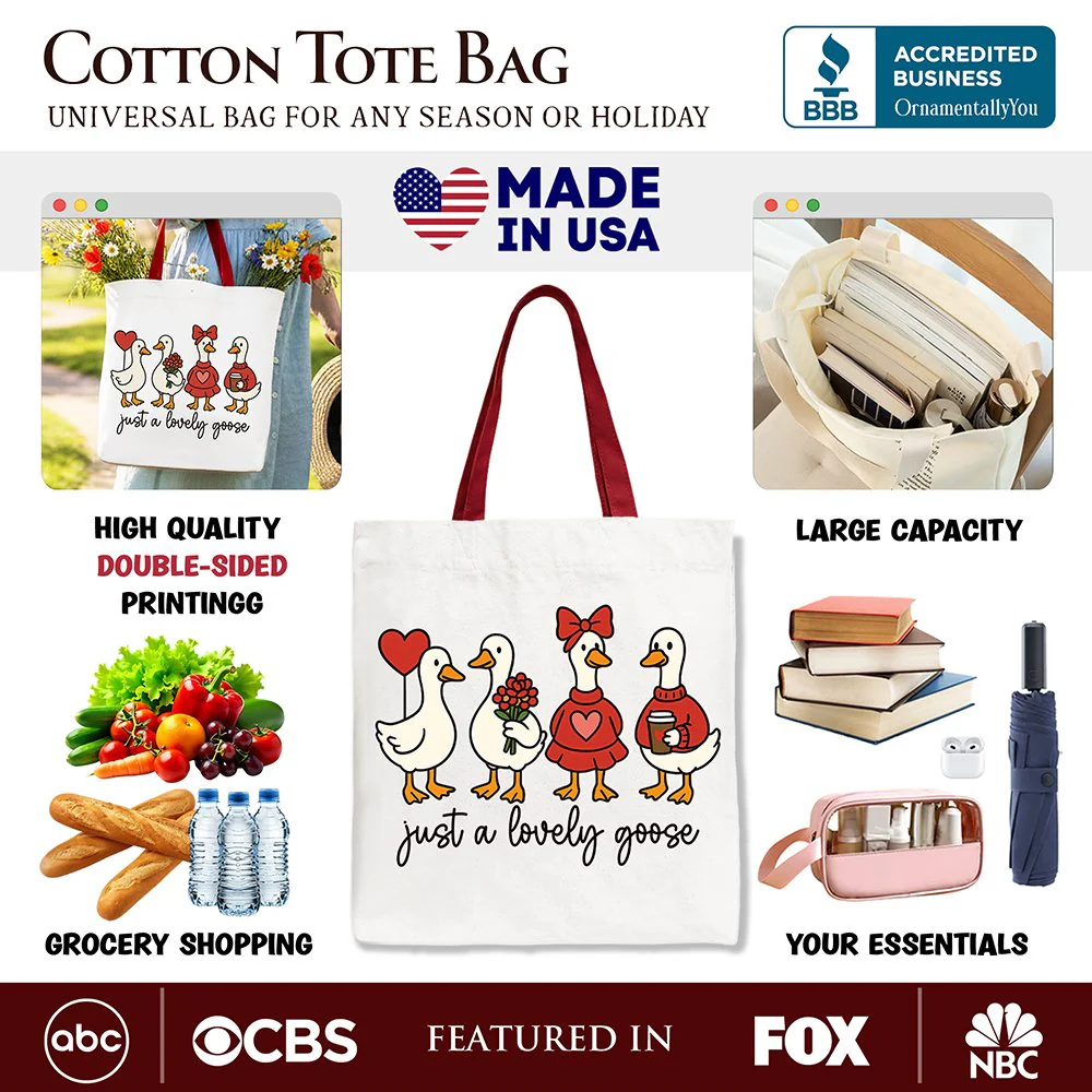 Just a Lovely Goose Valentine Canvas Tote Bag, Coquette Cute Love Printed Gift Bag - Image 2