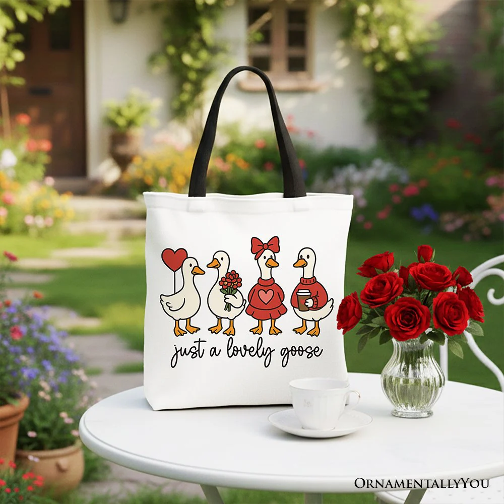Just a Lovely Goose Valentine Canvas Tote Bag, Coquette Cute Love Printed Gift Bag - Image 4