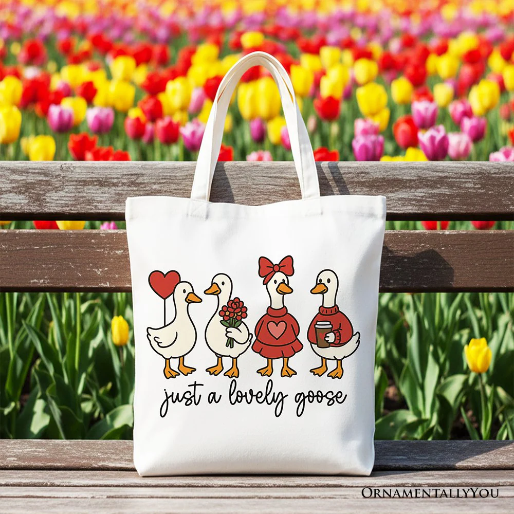 Just a Lovely Goose Valentine Canvas Tote Bag, Coquette Cute Love Printed Gift Bag - Image 5