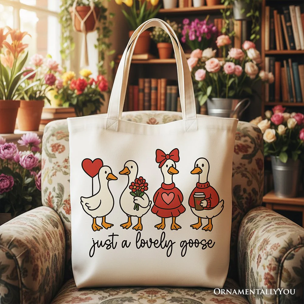 Just a Lovely Goose Valentine Canvas Tote Bag, Coquette Cute Love Printed Gift Bag - Image 6