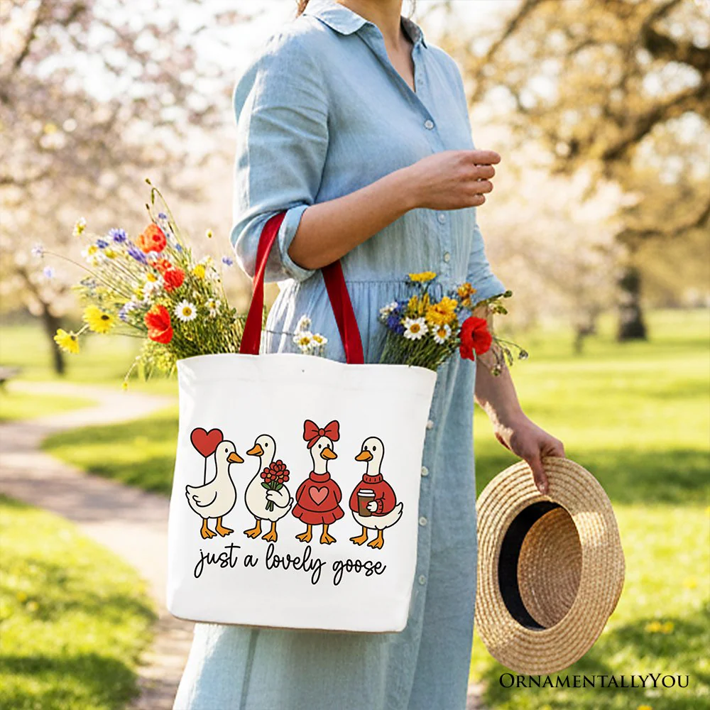 Just a Lovely Goose Valentine Canvas Tote Bag, Coquette Cute Love Printed Gift Bag - Image 7