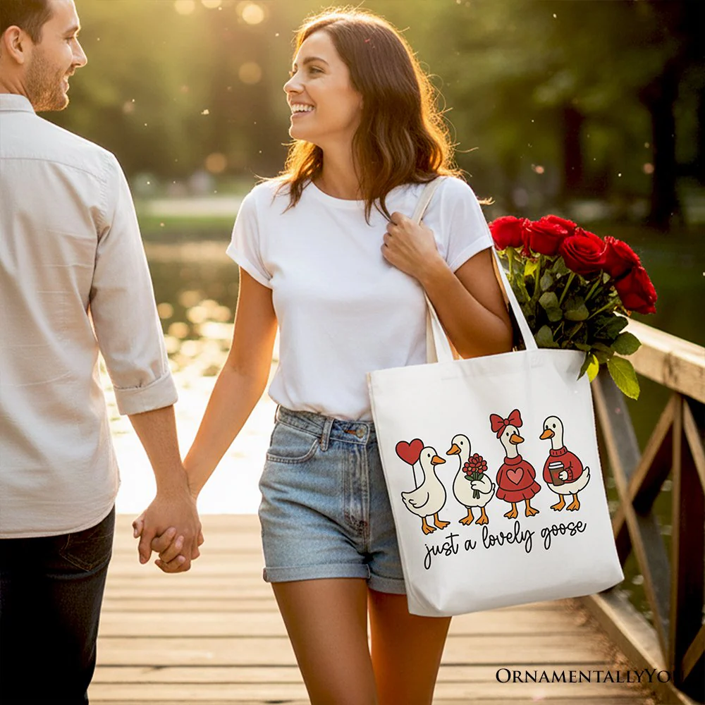 Just a Lovely Goose Valentine Canvas Tote Bag, Coquette Cute Love Printed Gift Bag - Image 9