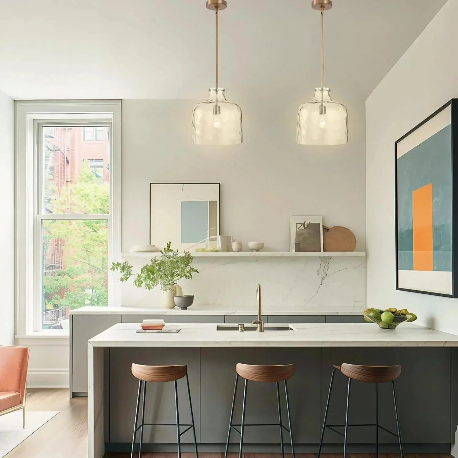 Kara Farmhouse 1-Light Textured Glass Nickel Island Pendant Light - Image 10