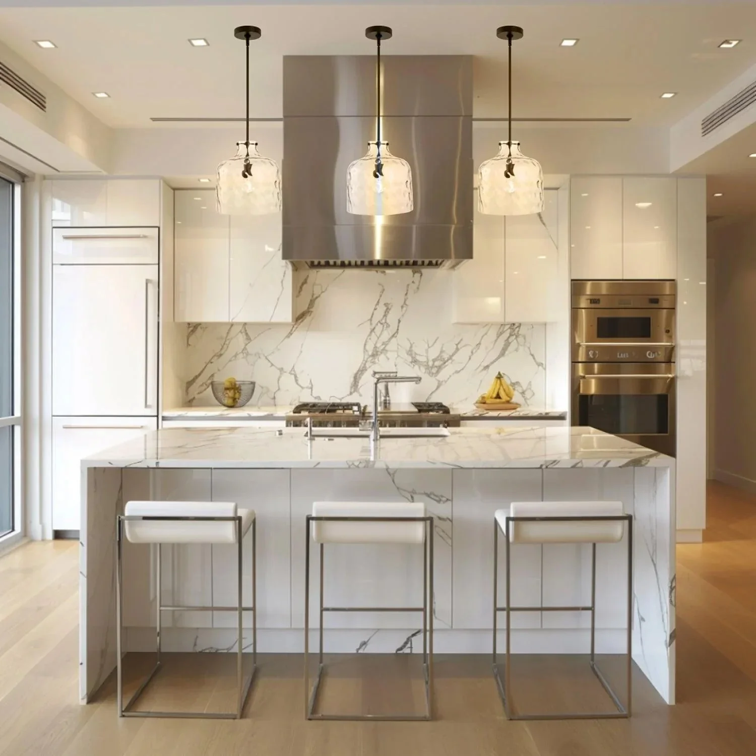 Kara Farmhouse 1-Light Textured Glass Nickel Island Pendant Light - Image 14