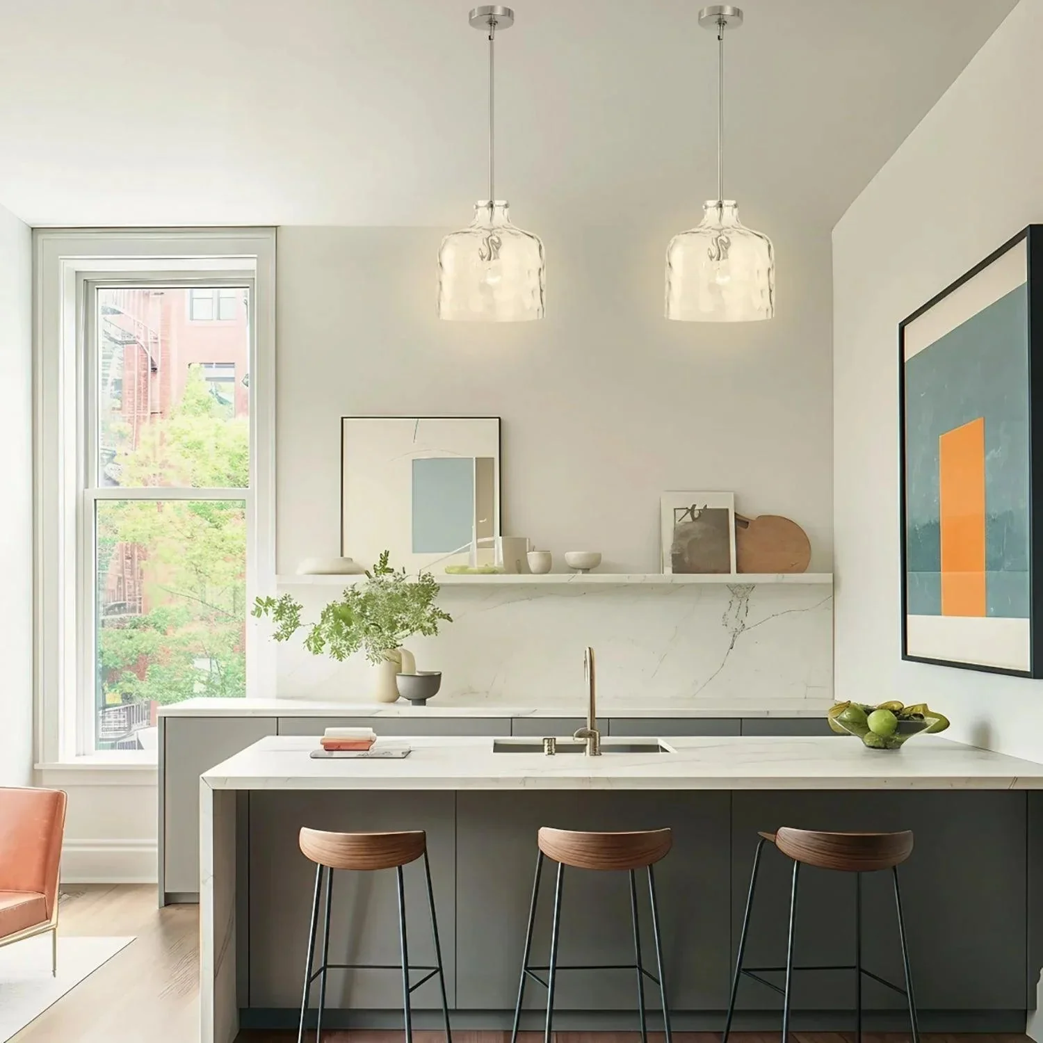 Kara Farmhouse 1-Light Textured Glass Nickel Island Pendant Light - Image 2