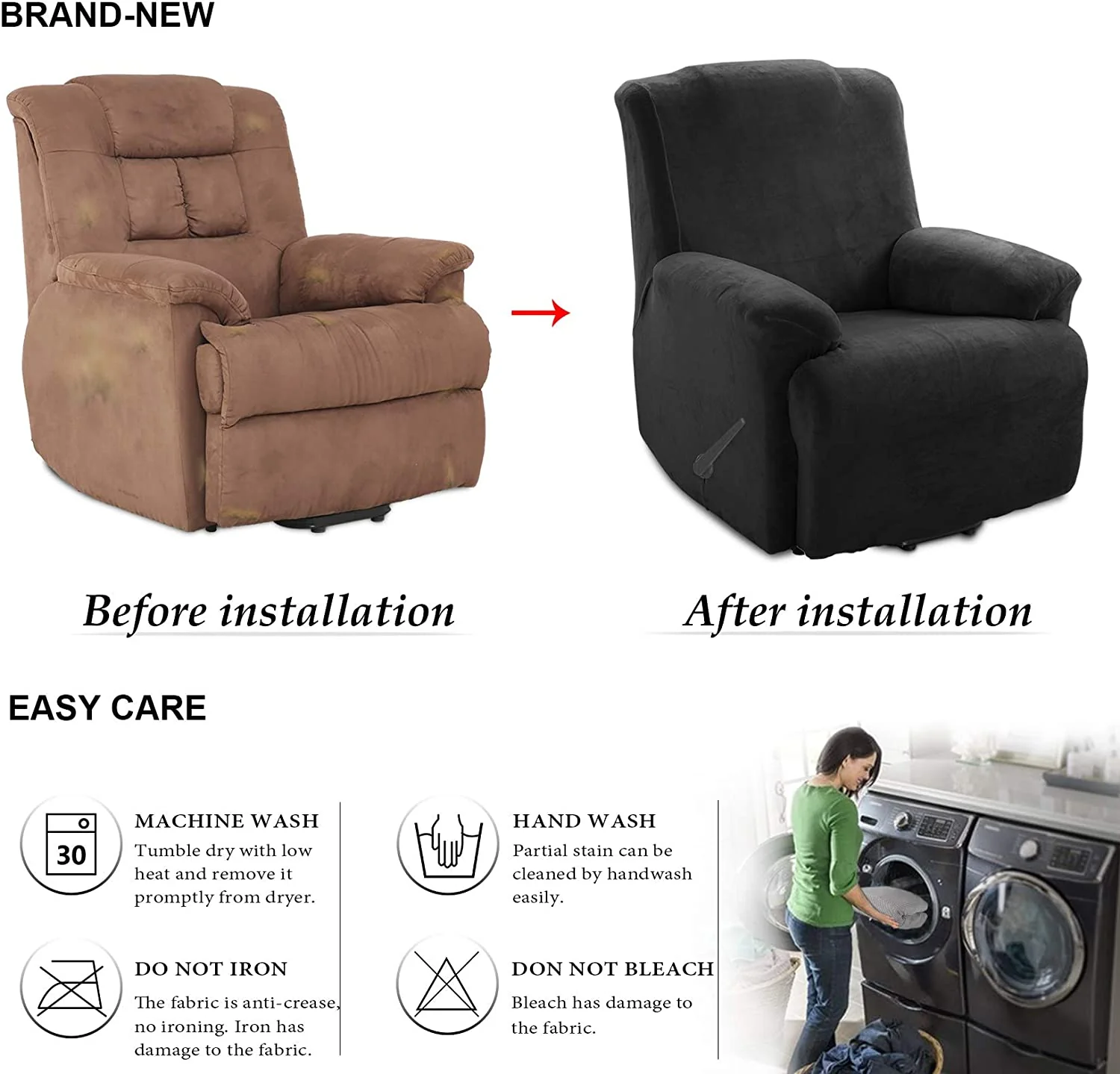 KAS Soft Plush Velvet Recliner Chair Cover - Fleece Armchair Slipcover with Pocket - 4 Pieces Furniture Cover Protector for Reclining Chair - Image 5
