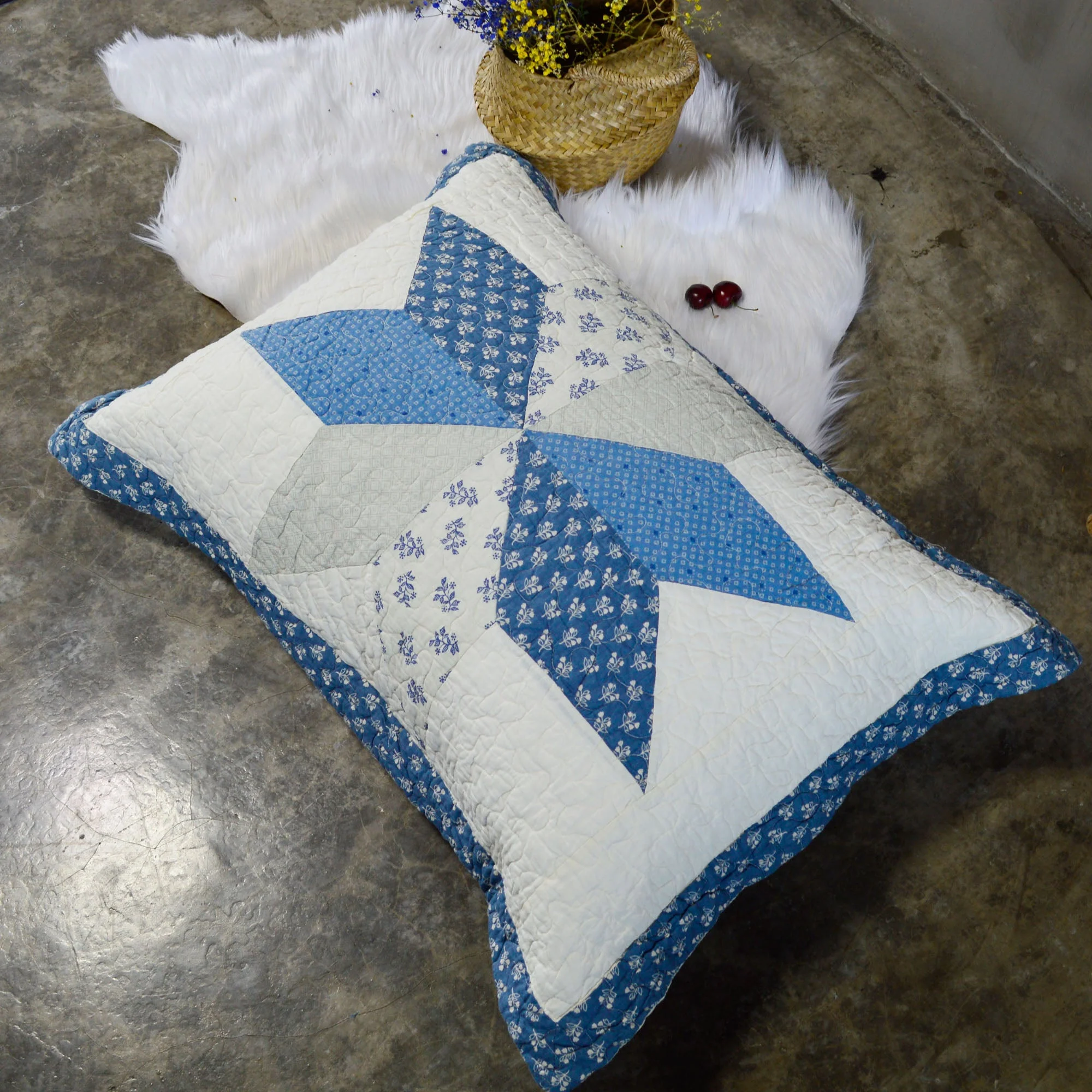 Kasentex 100% Cotton Summer Diamond Blue Patchwork Quilt King Size Pillow Sham, Boho Style, Motif Blue and Ivory, Room Decor, Graduation Gifts - Image 4