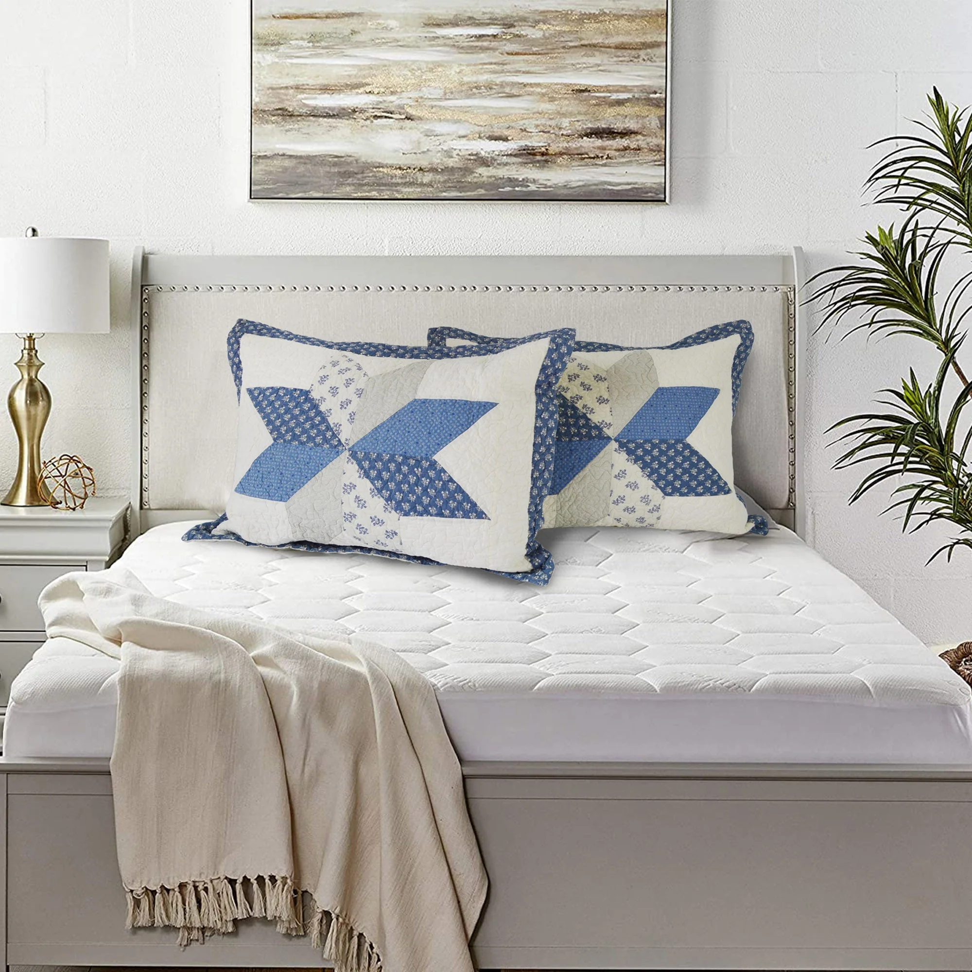 Kasentex 100% Cotton Summer Diamond Blue Patchwork Quilt King Size Pillow Sham, Boho Style, Motif Blue and Ivory, Room Decor, Graduation Gifts - Image 6
