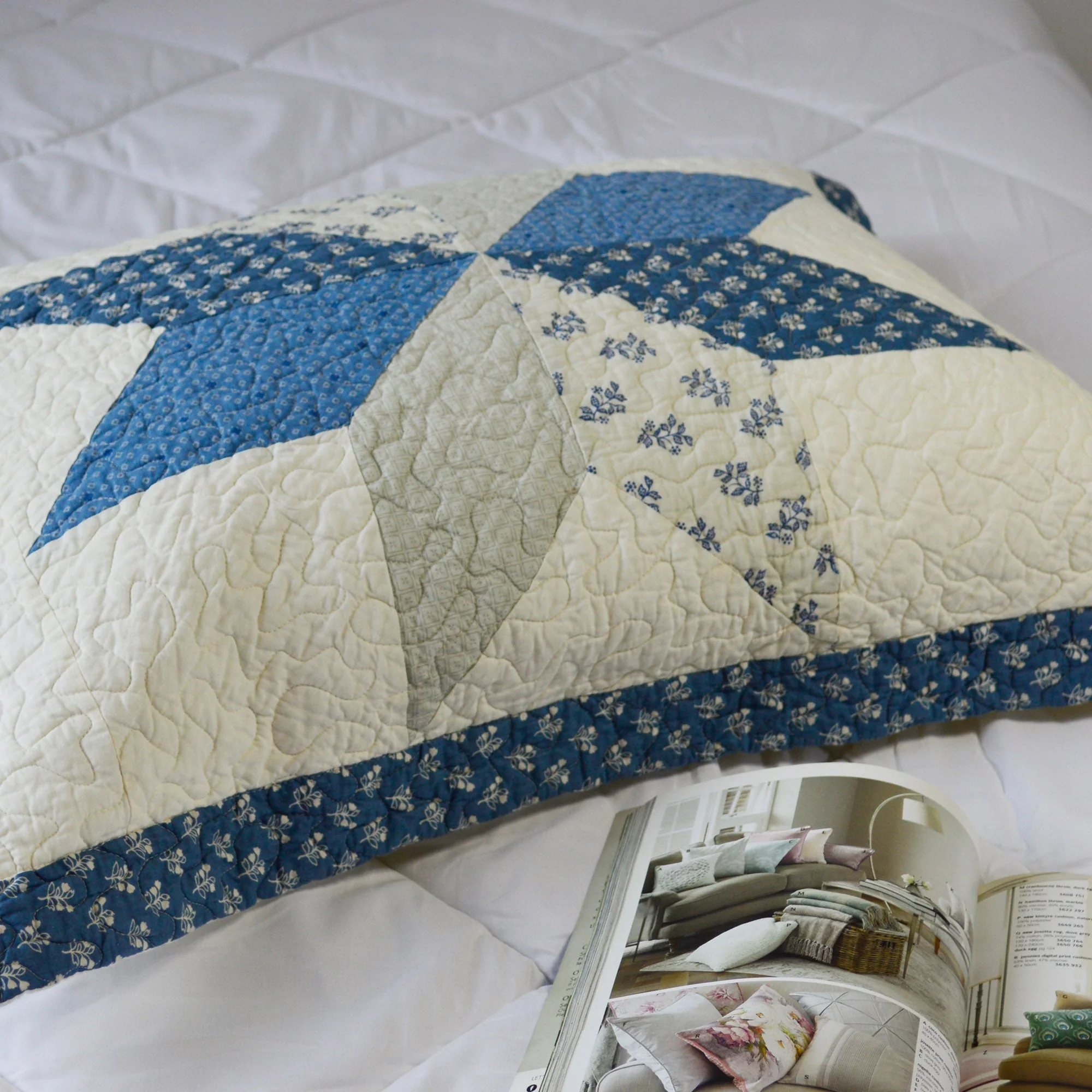 Kasentex 100% Cotton Summer Diamond Blue Patchwork Quilt King Size Pillow Sham, Boho Style, Motif Blue and Ivory, Room Decor, Graduation Gifts - Image 9