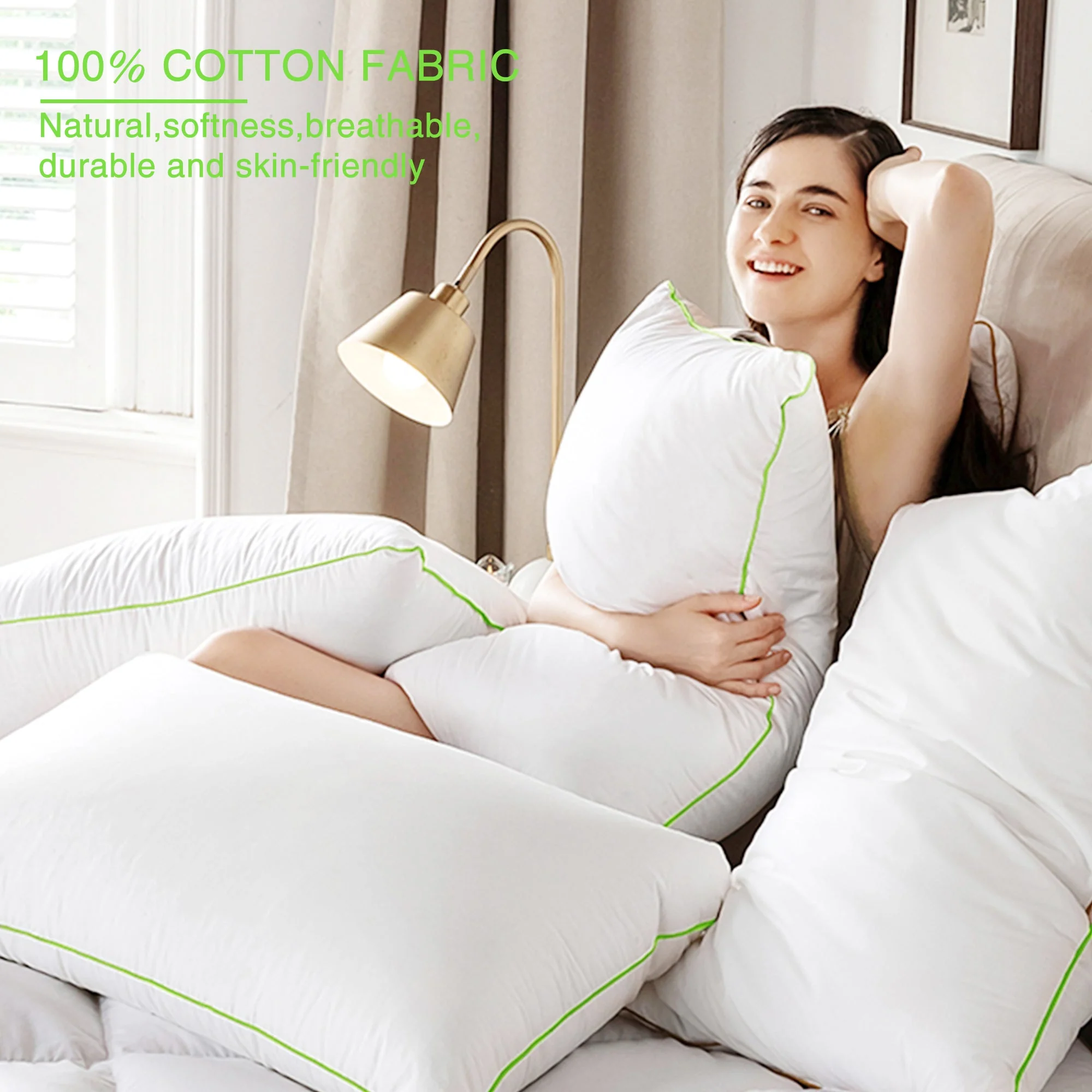 Kasentex Silky Green Piped Edge Goose Down Feather Pillow Set, White - Image 2
