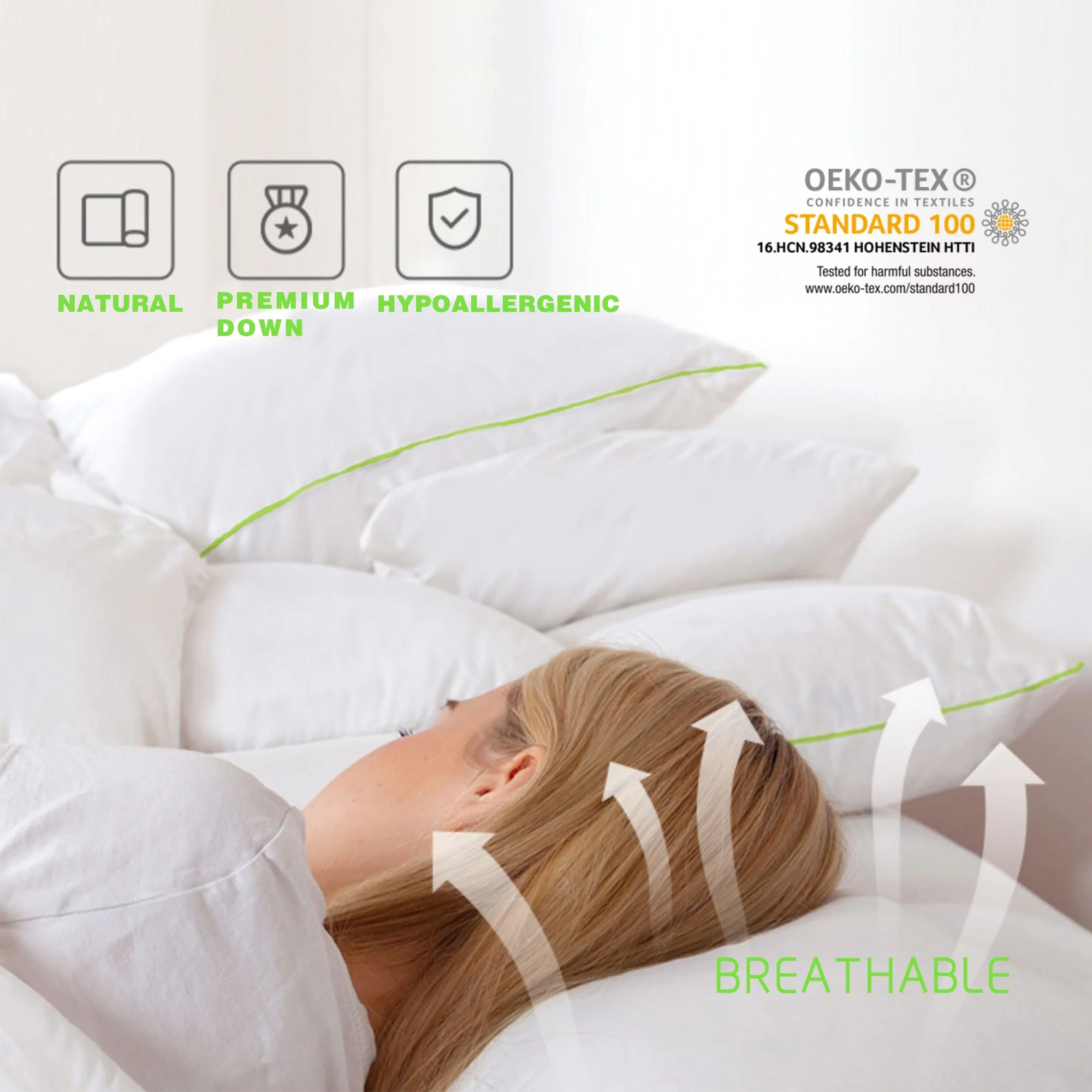 Kasentex Silky Green Piped Edge Goose Down Feather Pillow Set, White - Image 6