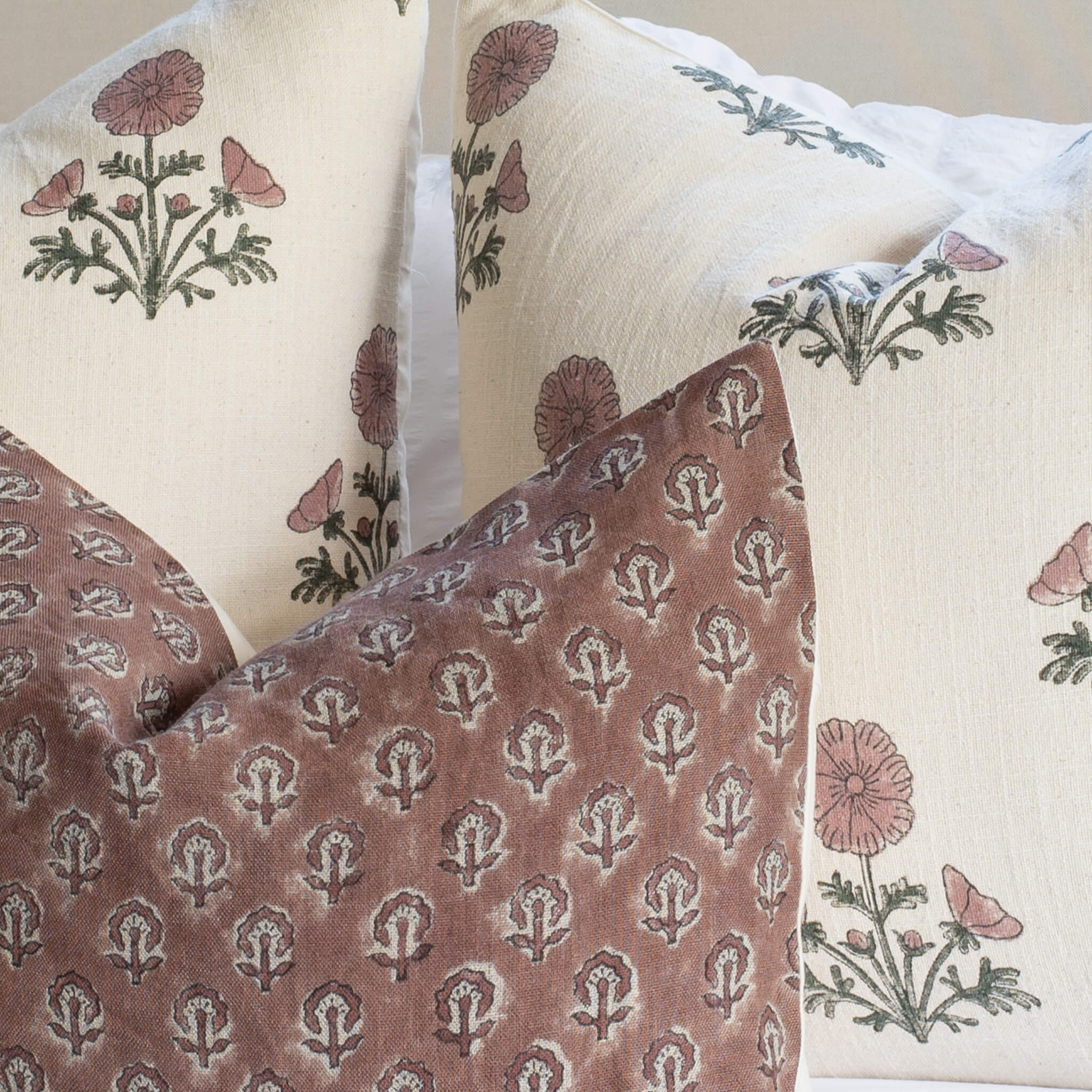 Kay Floral Block Printed Pillow Cover | Rust - Image 5