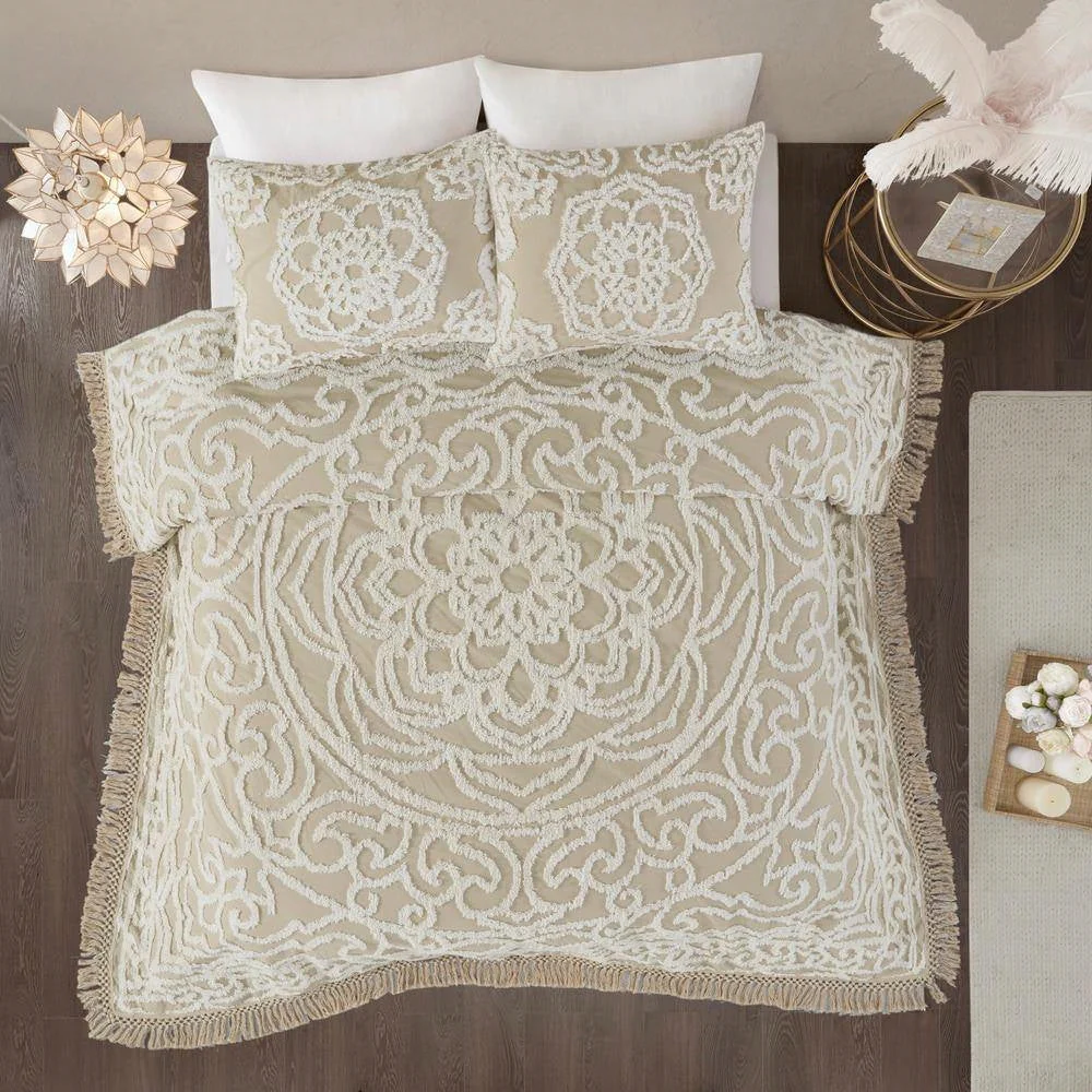 King 100-Percent Cotton Chenille Bedspread with Fringe Hem in Khaki Taupe Beige - Image 2