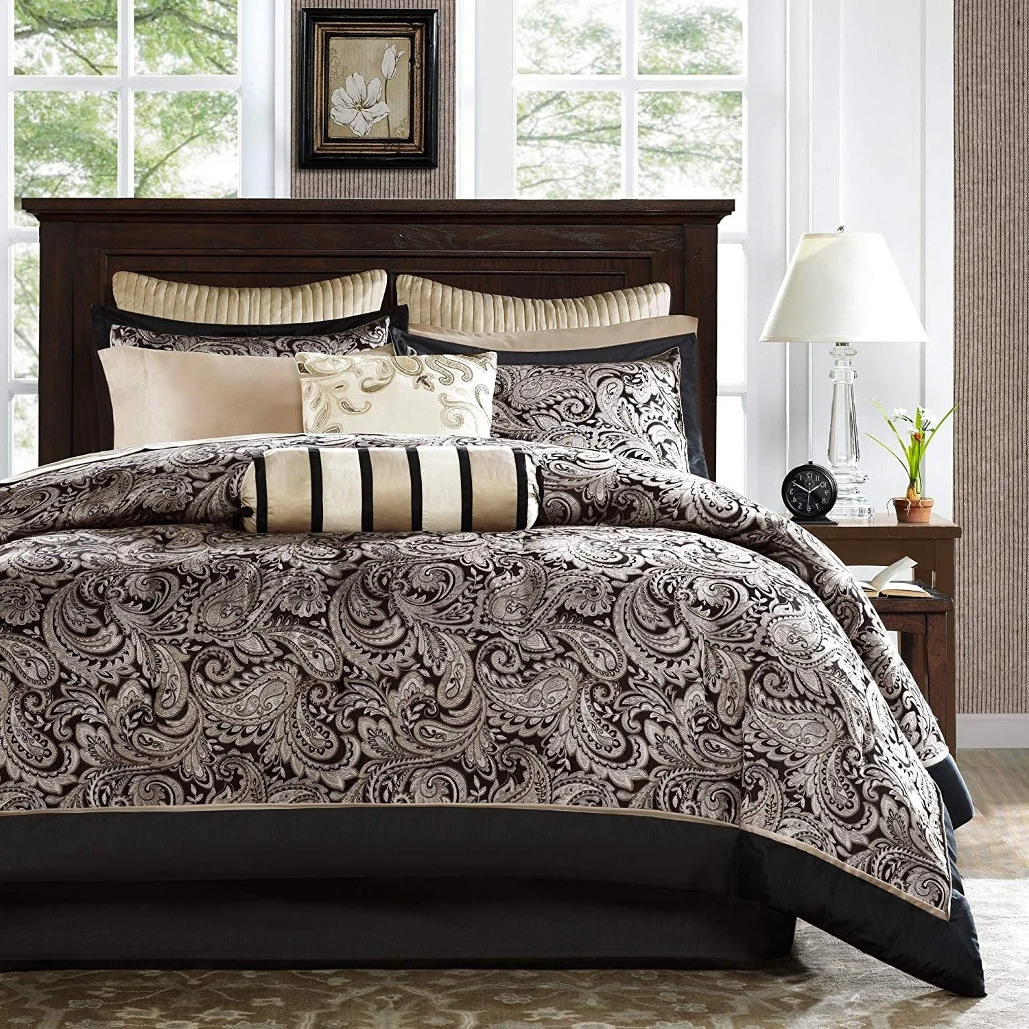 King 12 Piece Cotton Polyester Comforter Set Black Gold Paisley - Image 2