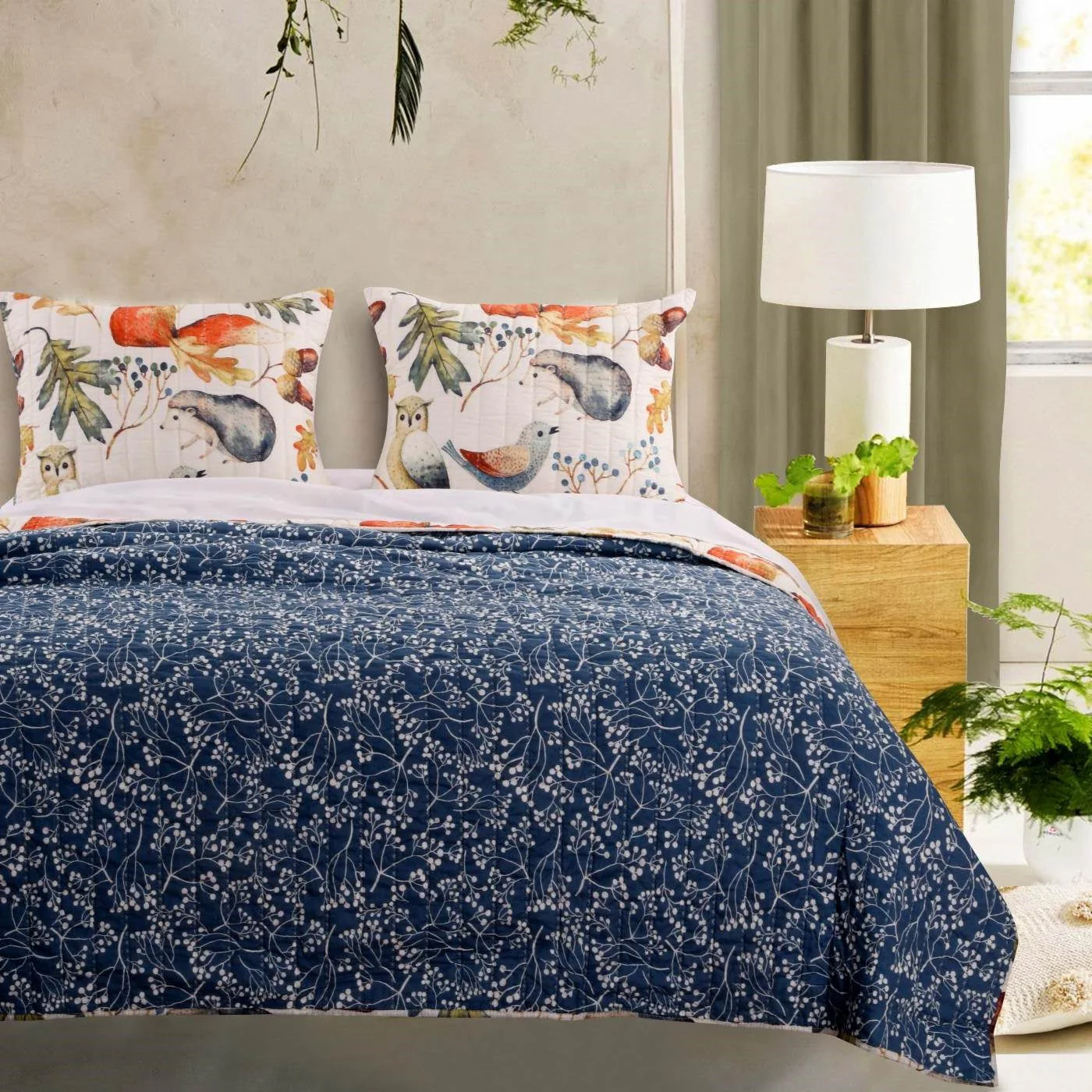 King 3 Piece Blue Beige Birds Animals Floral Microfiber Reversible Quilt Set - Image 3