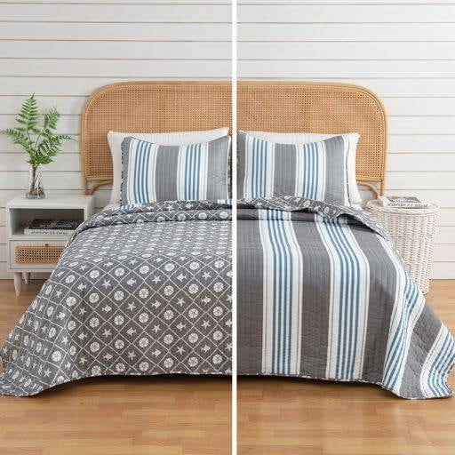 King 3 Piece Coastal Starfish Sand Dollar Grey Blue White Nautical Quilt Set - Image 2