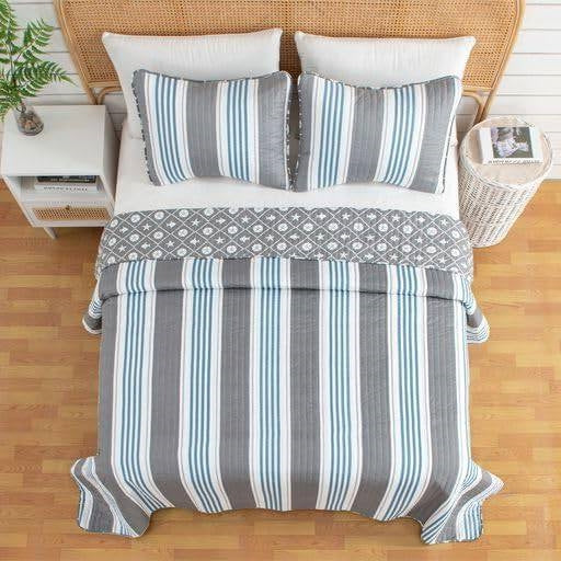King 3 Piece Coastal Starfish Sand Dollar Grey Blue White Nautical Quilt Set - Image 3