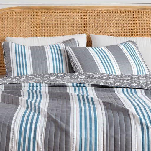 King 3 Piece Coastal Starfish Sand Dollar Grey Blue White Nautical Quilt Set - Image 4