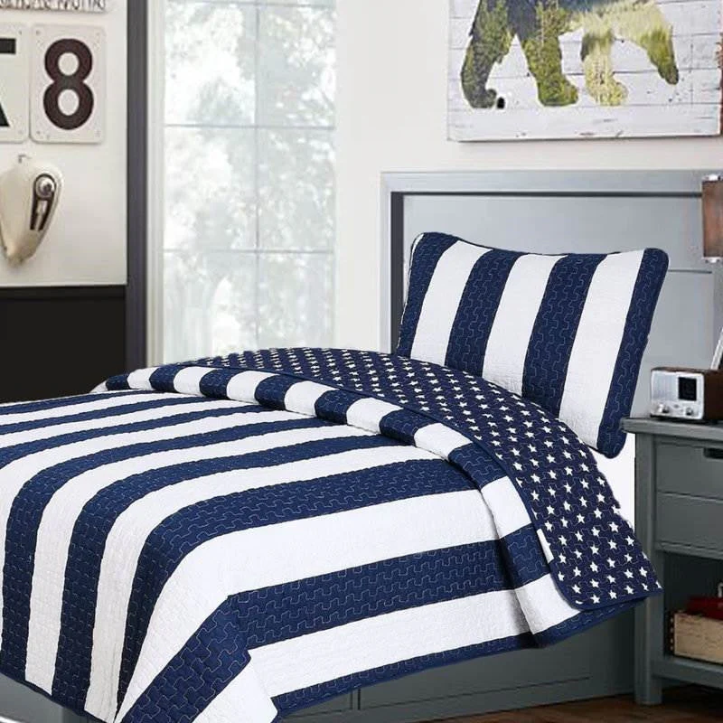 King 3 Piece Reversible Navy White Stars Stripes 100-Percent Cotton Quilt Set - Image 2