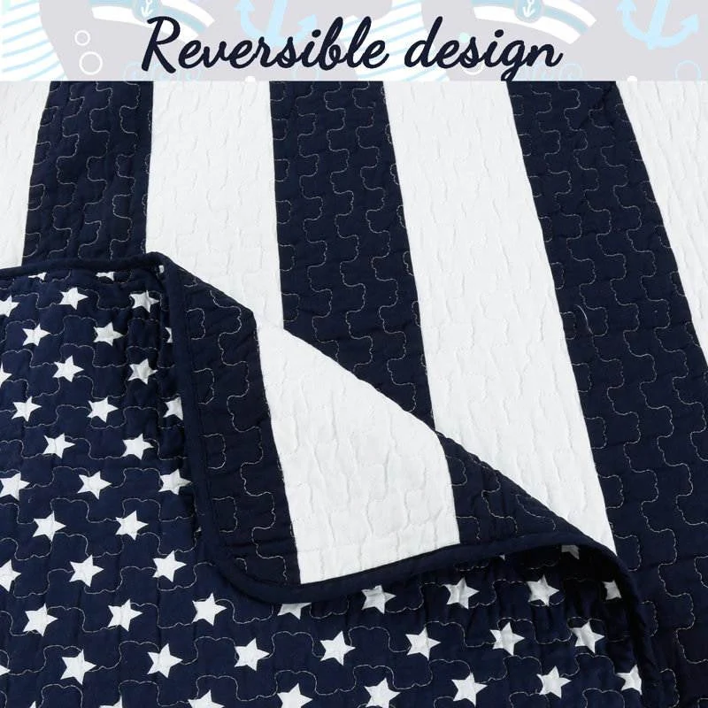 King 3 Piece Reversible Navy White Stars Stripes 100-Percent Cotton Quilt Set - Image 3