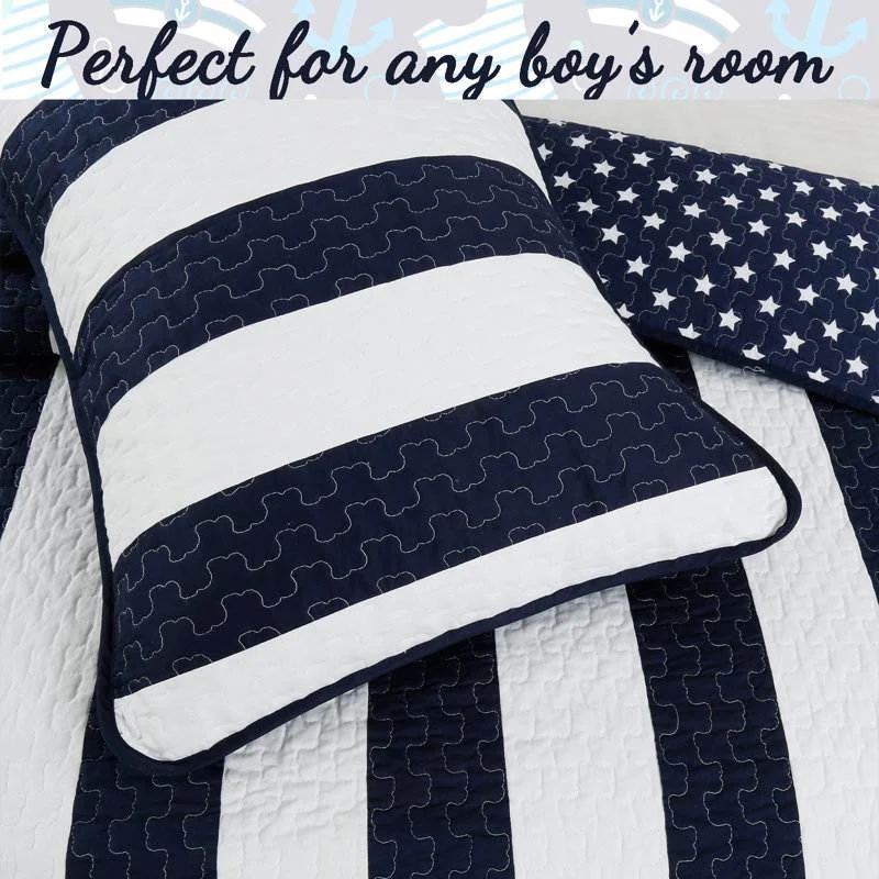 King 3 Piece Reversible Navy White Stars Stripes 100-Percent Cotton Quilt Set - Image 4