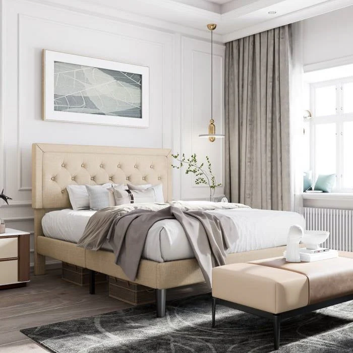 King Adjustable Height Platform Bed Frame with Beige Upholstered Headboard - Image 2