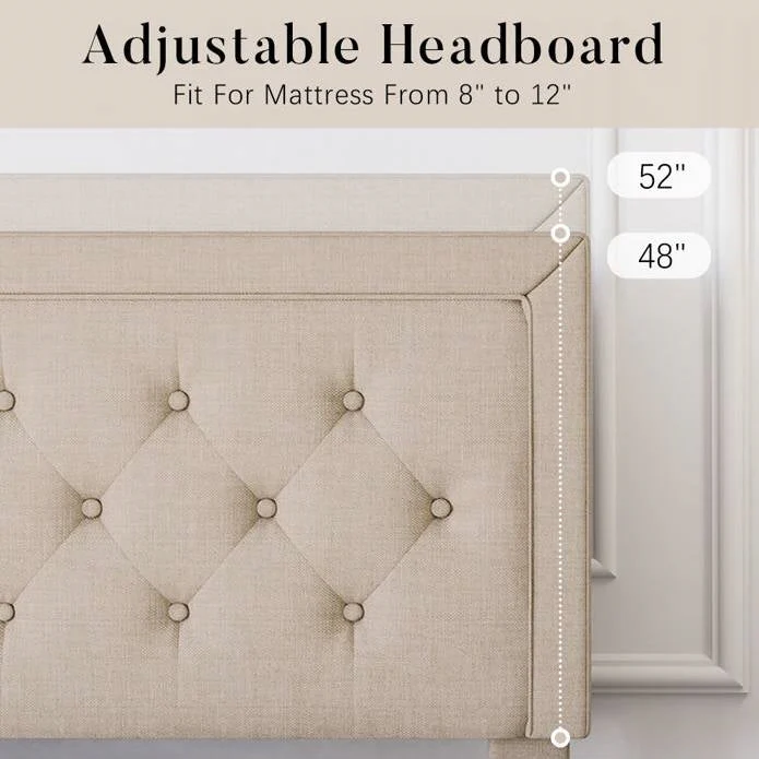 King Adjustable Height Platform Bed Frame with Beige Upholstered Headboard - Image 4