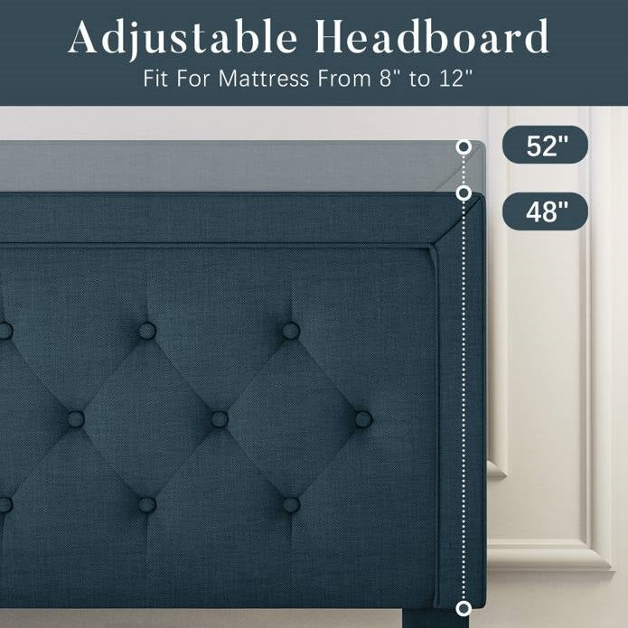 King Adjustable Height Platform Bed Frame with Blue Upholstered Headboard - Image 5