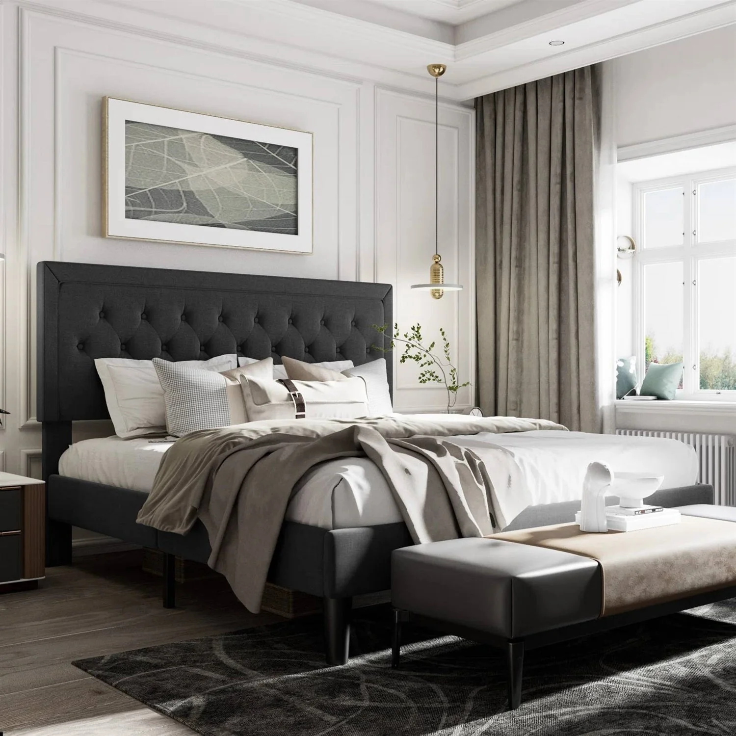 King Black Linen Upholstered Platform Bed Frame with Button-Tufted Headboard - Image 2