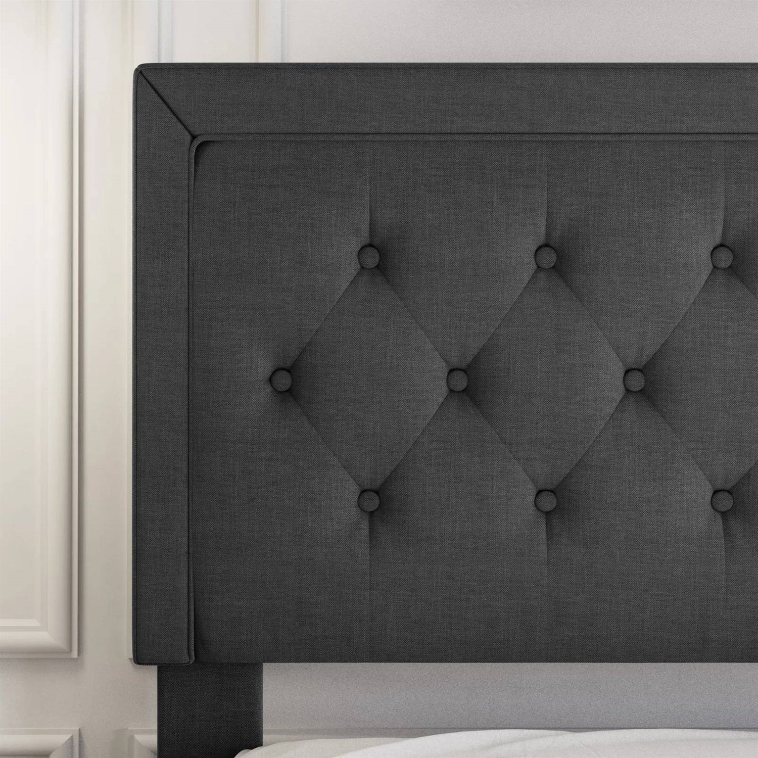 King Black Linen Upholstered Platform Bed Frame with Button-Tufted Headboard - Image 3