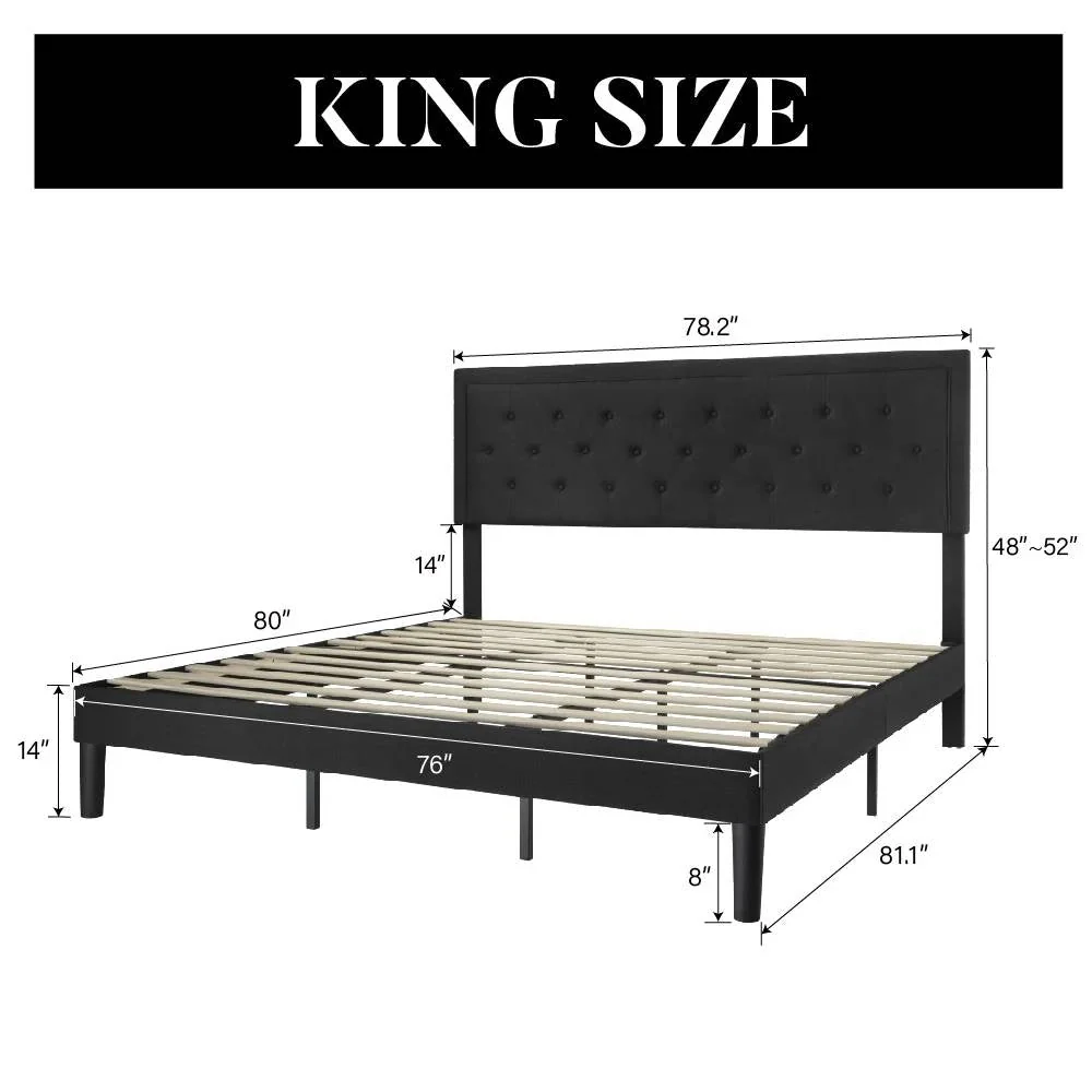 King Black Linen Upholstered Platform Bed Frame with Button-Tufted Headboard - Image 5