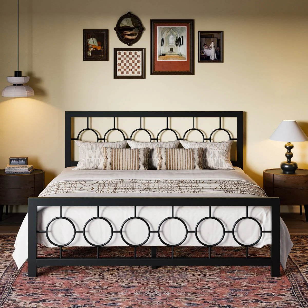 King Black Metal Platform Bed Frame with Circle Medallion Headboard Footboard - Image 2