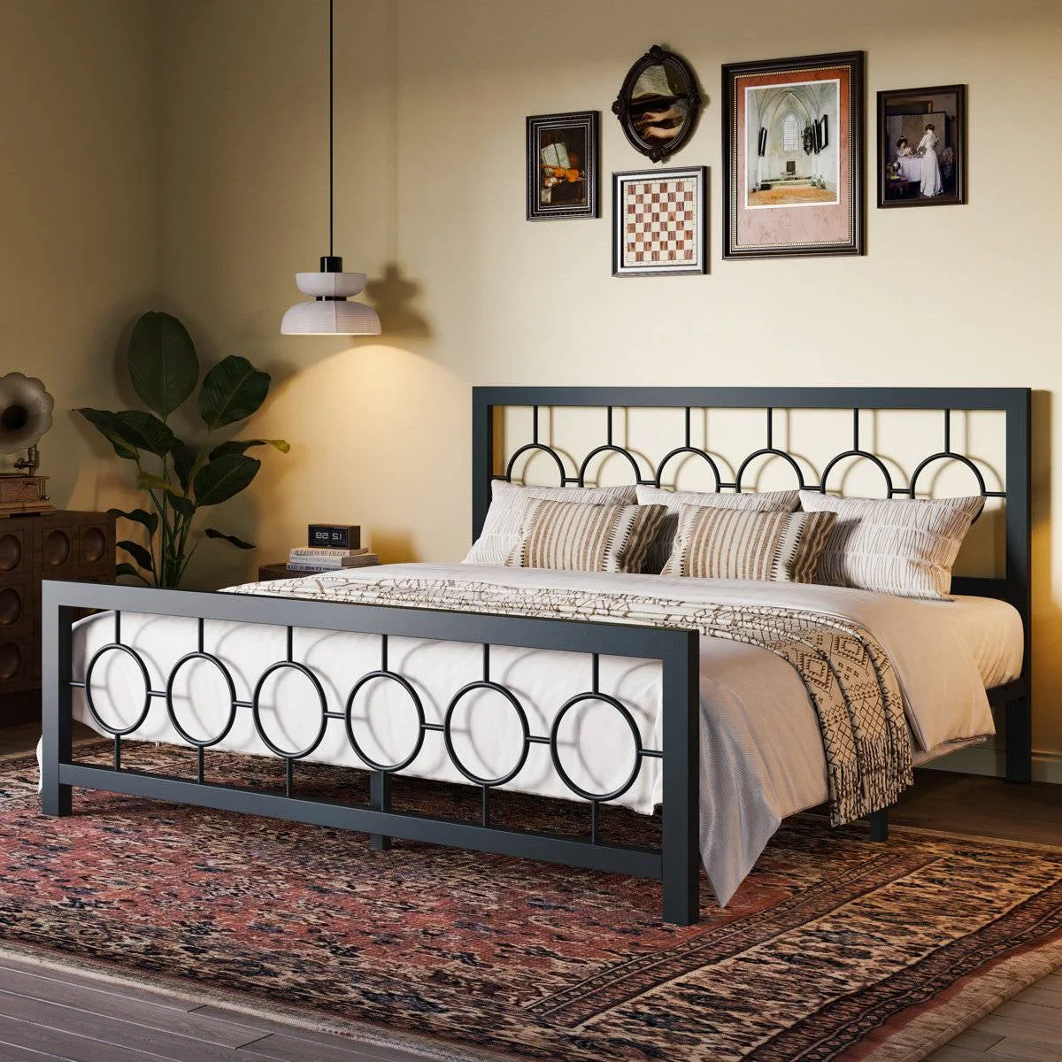 King Black Metal Platform Bed Frame with Circle Medallion Headboard Footboard - Image 3