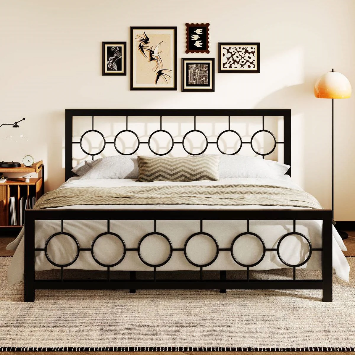 King Black Metal Platform Bed Frame with Circle Medallion Headboard Footboard - Image 4