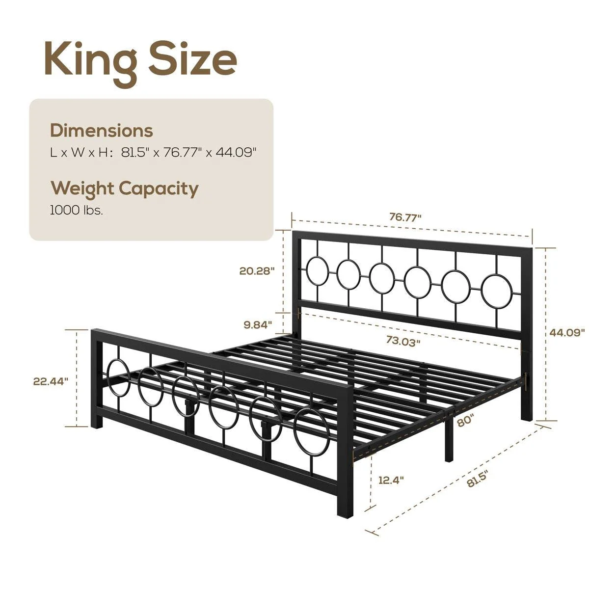 King Black Metal Platform Bed Frame with Circle Medallion Headboard Footboard - Image 5