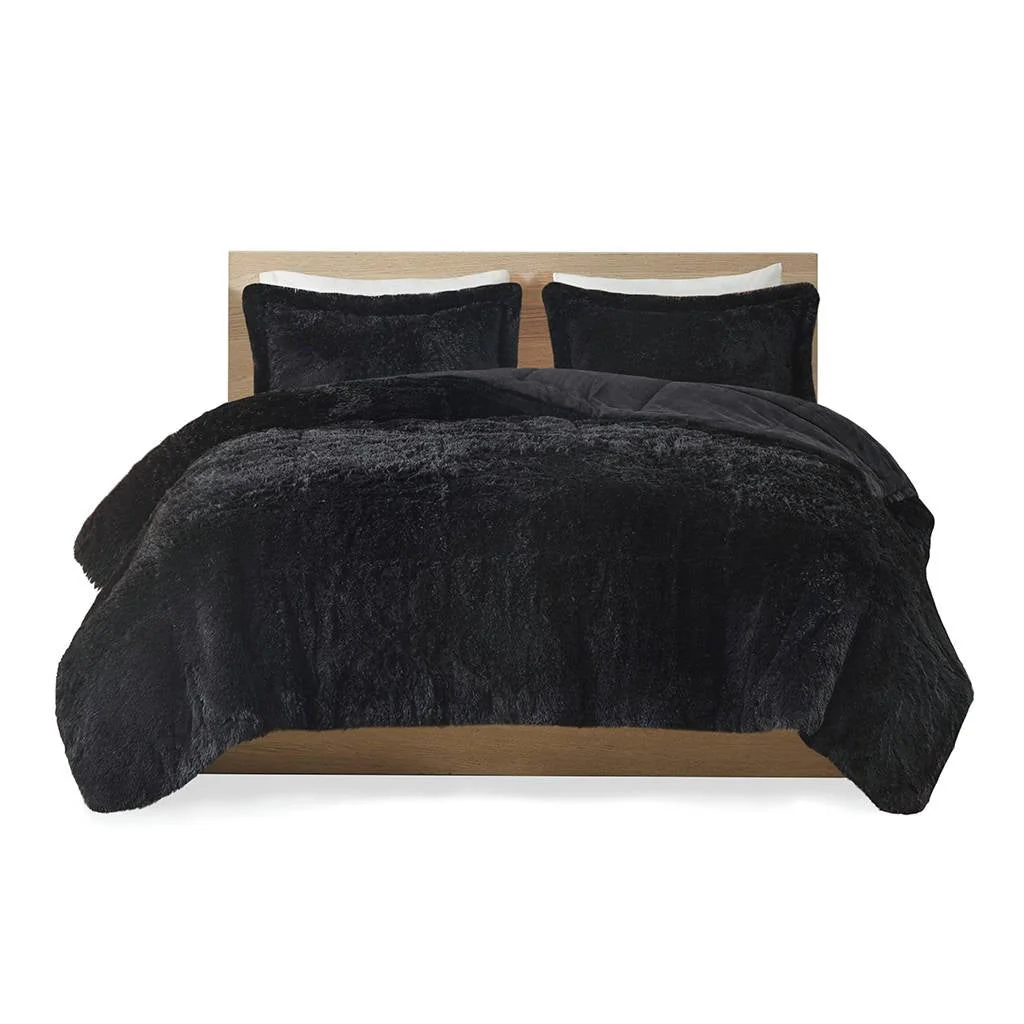 King/CAL King Black Soft Sherpa Faux Fur 3-Piece Comforter Set with Pillow Shams - Image 4